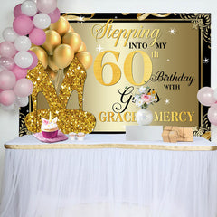 Lofaris Gold Glitter Heels Stepping into 60th Birthday Backdrop