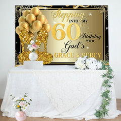 Lofaris Gold Glitter Heels Stepping into 60th Birthday Backdrop