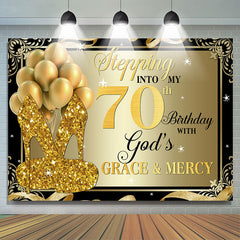 Lofaris Gold Glitter Heels Stepping into 70th Birthday Backdrop
