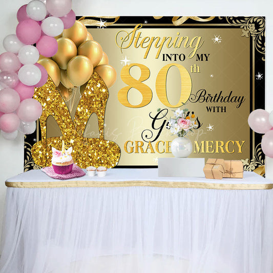 Lofaris Gold Glitter Heels Stepping into 80th Birthday Backdrop