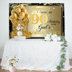 Lofaris Gold Glitter Heels Stepping into 90th Birthday Backdrop
