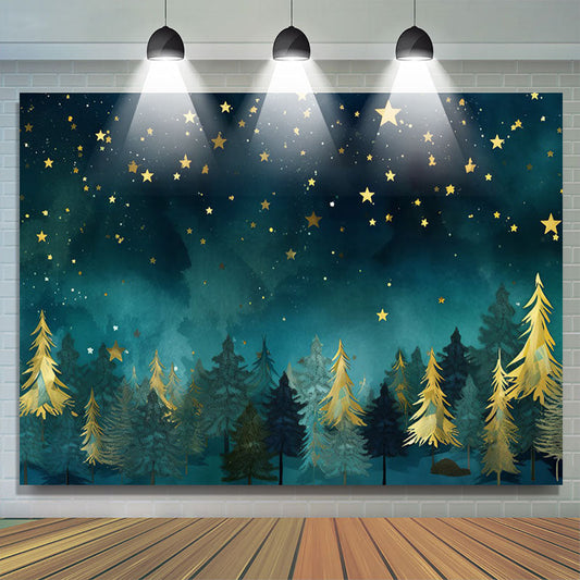 Lofaris Gold Green Pine Forest Stars Christmas Backdrop