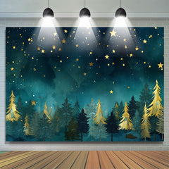Lofaris Gold Green Pine Forest Stars Christmas Backdrop