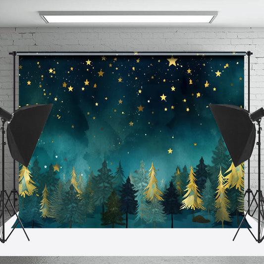 Lofaris Gold Green Pine Forest Stars Christmas Backdrop