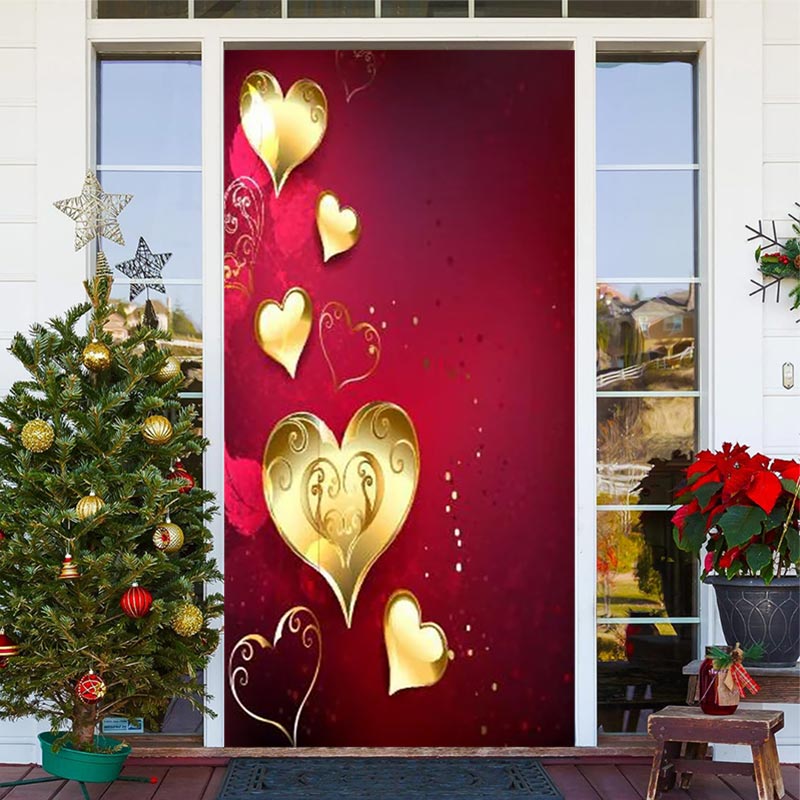 Lofaris Gold Heart Wine Red Bokeh Valentines Day Door Cover