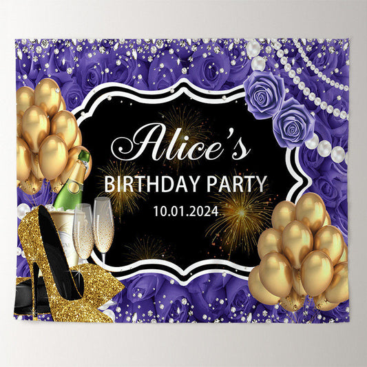 Lofaris Gold Heel Balloon Purple Rose Custom Birthday Backdrop
