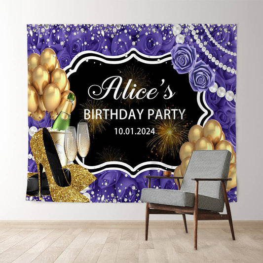 Lofaris Gold Heel Balloon Purple Rose Custom Birthday Backdrop