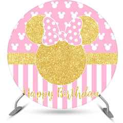 Lofaris Gold Mouse Pink Stripes Round Birthday Backdrop