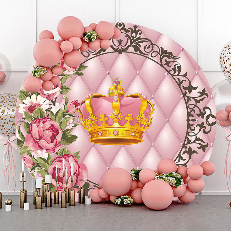 Lofaris Gold Pink Crown Floral Birthday Round Backdrop Cover