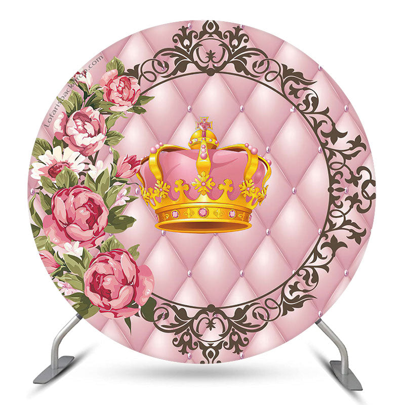 Lofaris Gold Pink Crown Floral Birthday Round Backdrop Cover