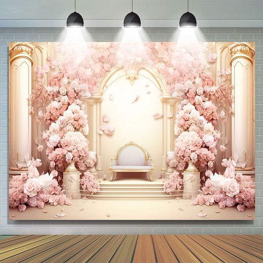 Lofaris Gold Pink Flower Palace Chair Girl Birthday Backdrop