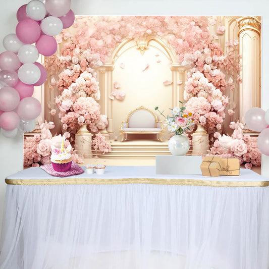 Lofaris Gold Pink Flower Palace Chair Girl Birthday Backdrop