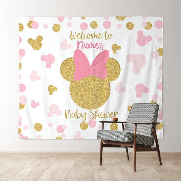 Gold Pink Mouse Girls Custom Baby Shower Backdrop Lofaris
