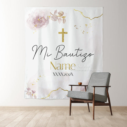 Lofaris Gold Purple Mi Bautizo Floral Baptism Backdrop For Girl