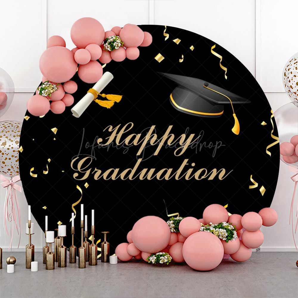 Gold Ribbon Bachelor Cap Black Round Graduation Backdrop - Lofaris