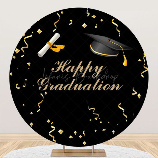 Lofaris Gold Ribbon Bachelor Cap Black Round Graduation Backdrop