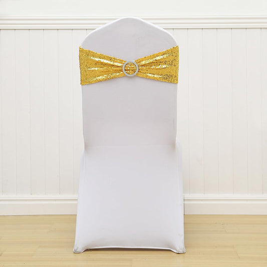 Lofaris Gold Sequin Buckles Banquet Chair Sash Band Bows