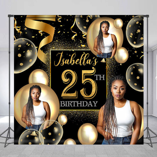 Lofaris Gold Sparkling Ribbons Custom 25th Birthday Backdrop