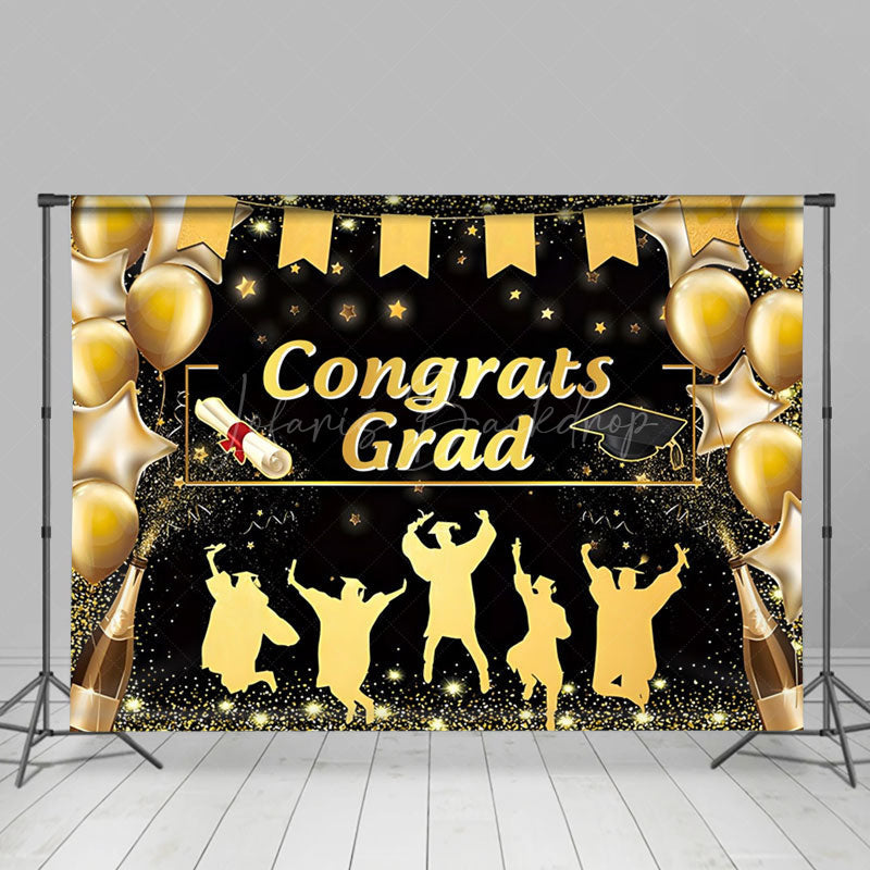 Golden Balloon Champagne Glitter Graduation Backdrop - Lofaris