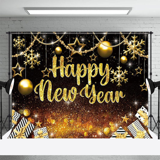 Lofaris Golden Glitter Bauble Gifts Happy New Year Backdrop