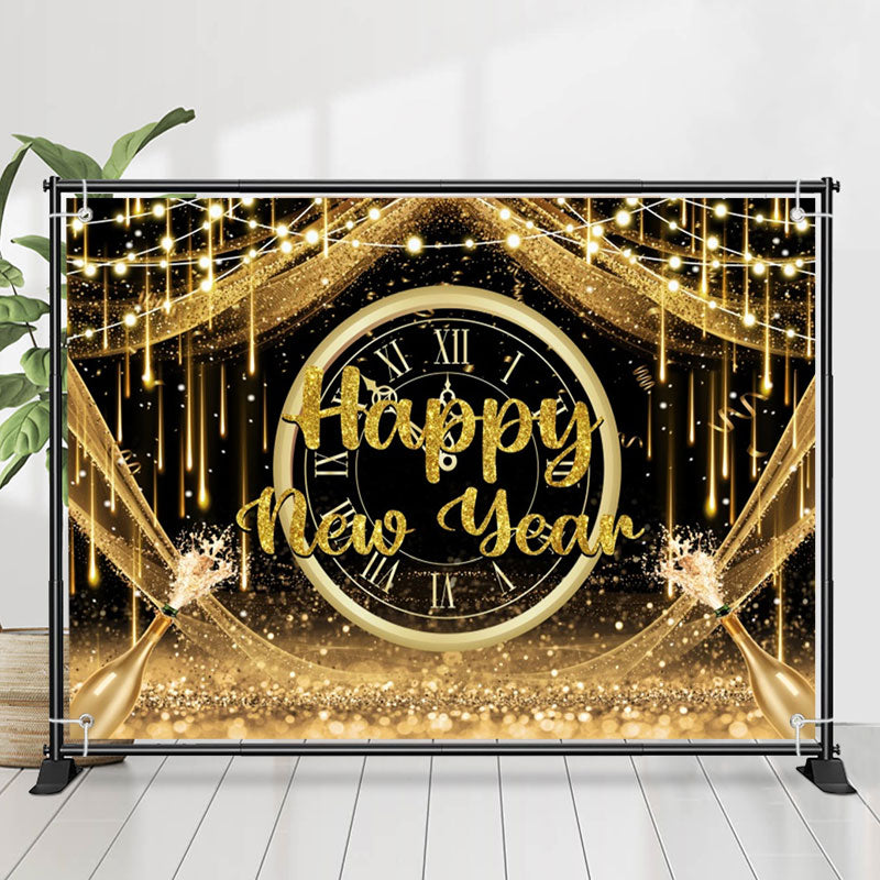 Lofaris Golden Glitter Twelve Clock Happy New Year Backdrop