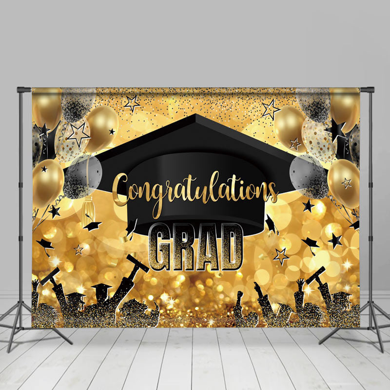 Golden Hat Balloons Bokeh Star Graduation Backdrop - Lofaris