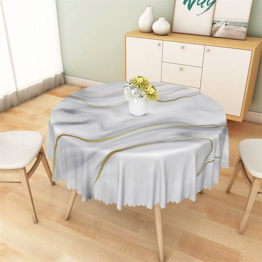 Lofaris Golden Line Grey White Marble Print Round Tablecloth