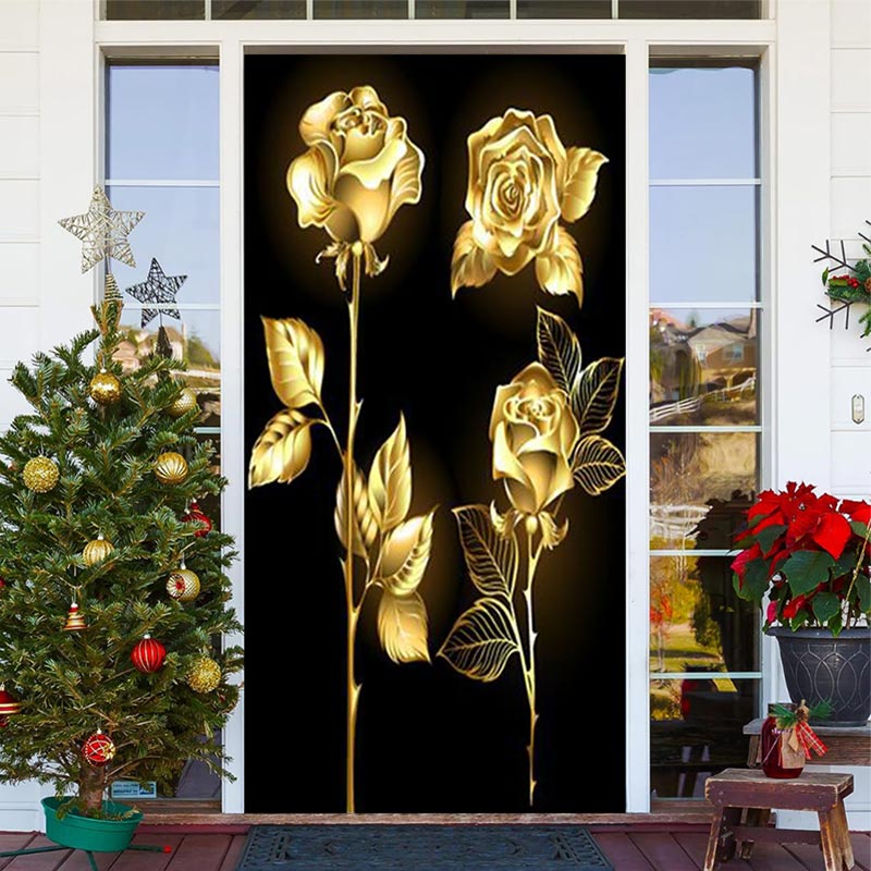Lofaris Golden Roses Black Door Cover For Valentines Day