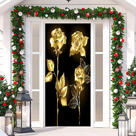 Lofaris Golden Roses Black Door Cover For Valentines Day
