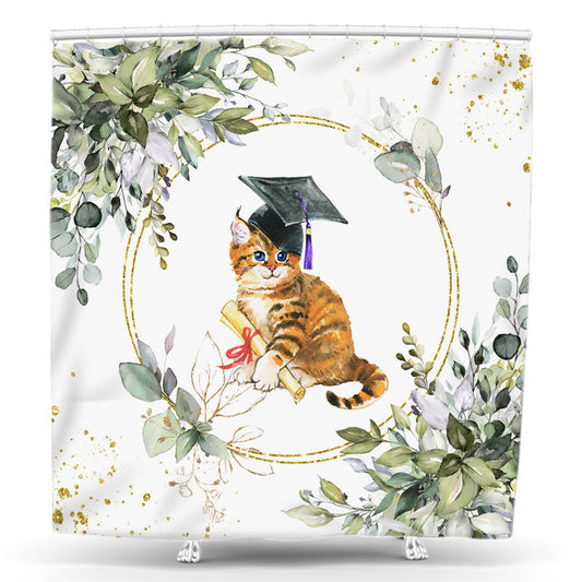 Lofaris Grad Cap Cat Green Leaves Shower Curtain Bathtub