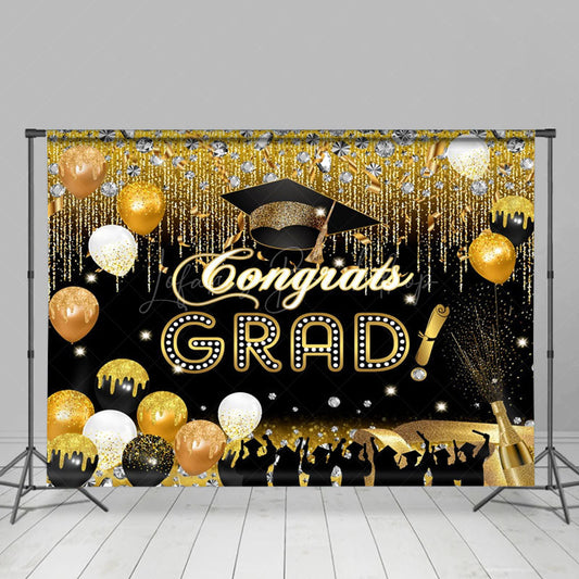 Lofaris Grad Diamond Balloons Black Gold Graduation Backdrop