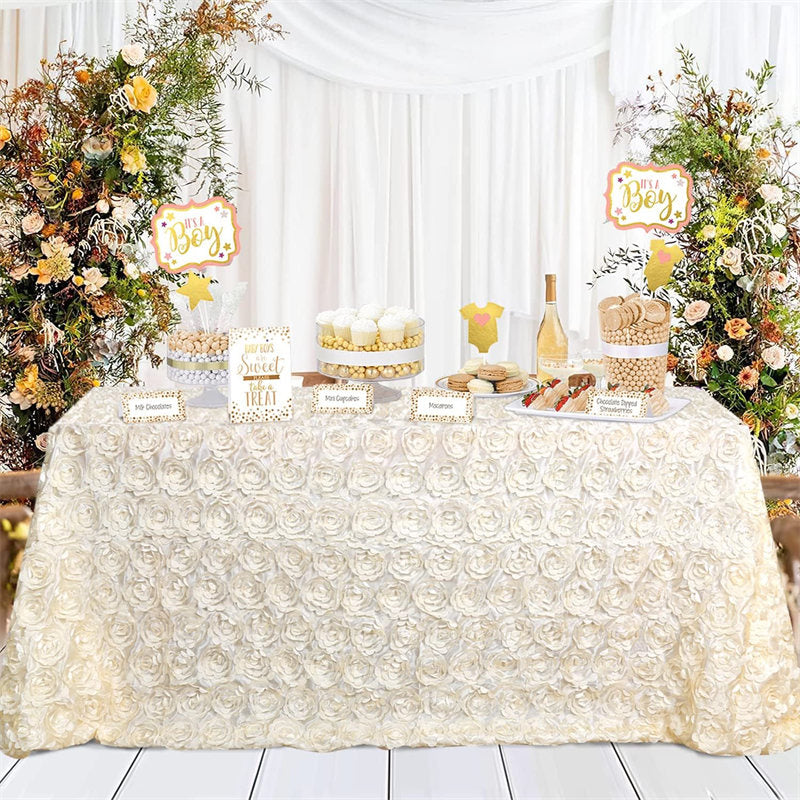 Grandiose Rosette 3D Satin Rectangle Tablecloth - Ivory / 90X132 Inch /  Case of 5 Tablecloths