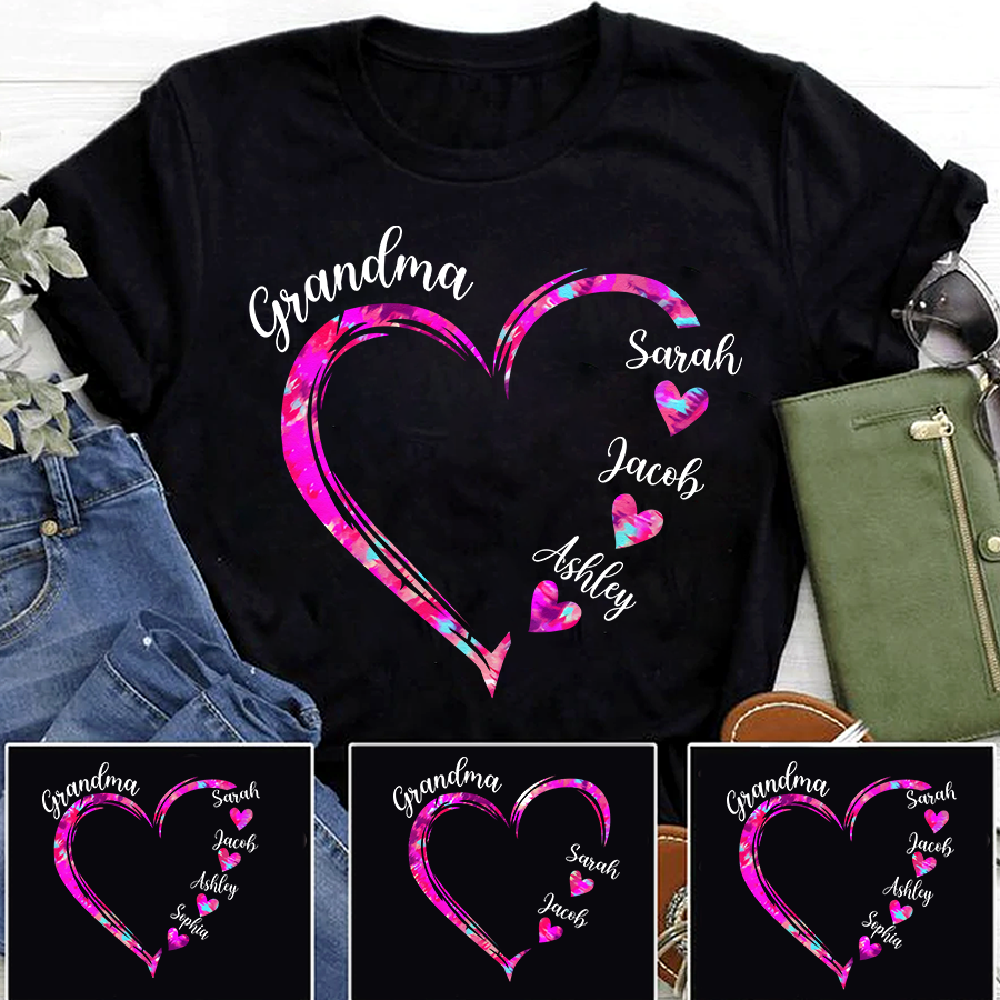 Lofaris Grandma And Kids Pink Color Heart Custom T - Shirt