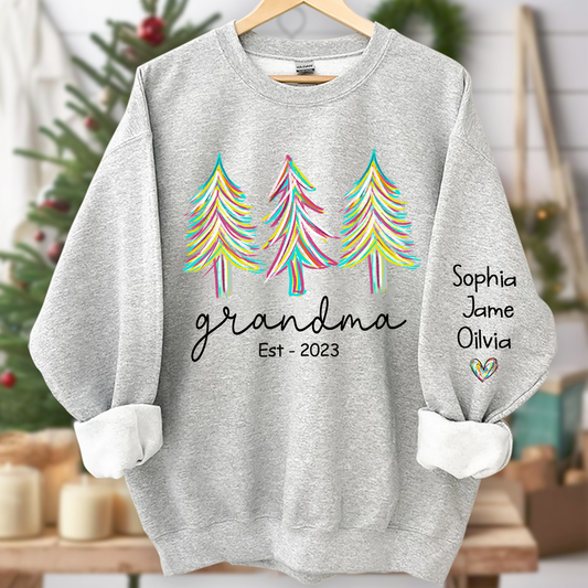 Lofaris Grandma Est Christmas trees color paint And Grandkids Names Sweatshirt