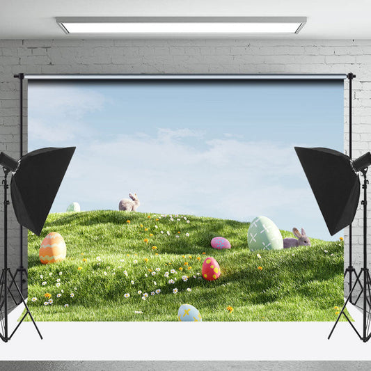 Lofaris Grass Lawn Eggs Rabbit Easter Spring Scene Backdrop
