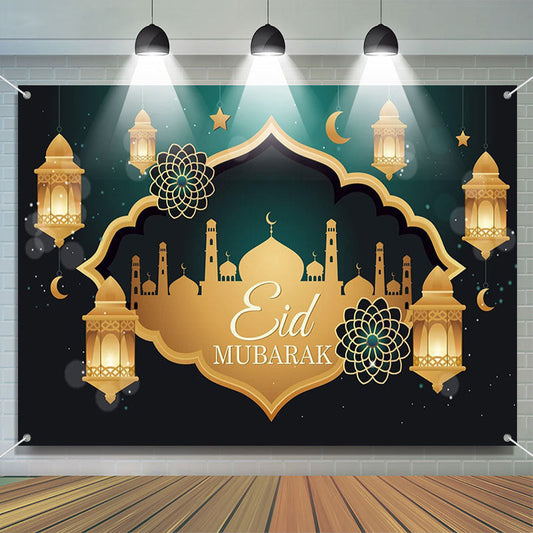 Lofaris Green And Gold Lantern Palace Eid Mubarak Backdrop