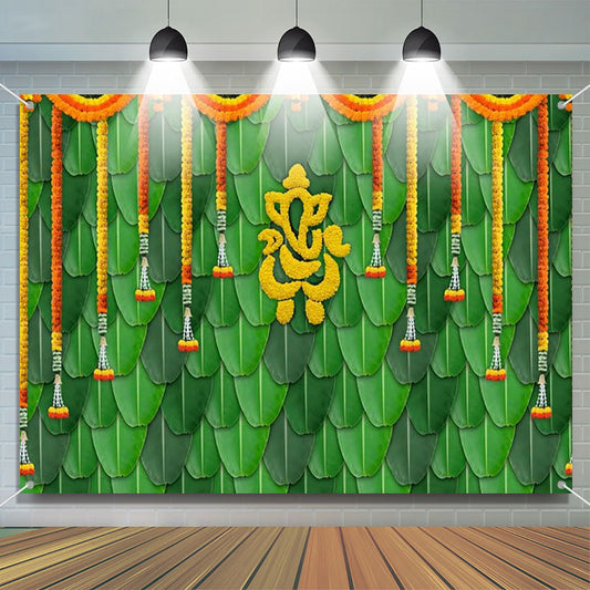 Lofaris Green Banana Leaves Marigold Puja Diwali Backdrop