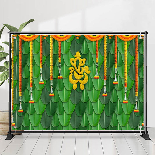 Lofaris Green Banana Leaves Marigold Puja Diwali Backdrop