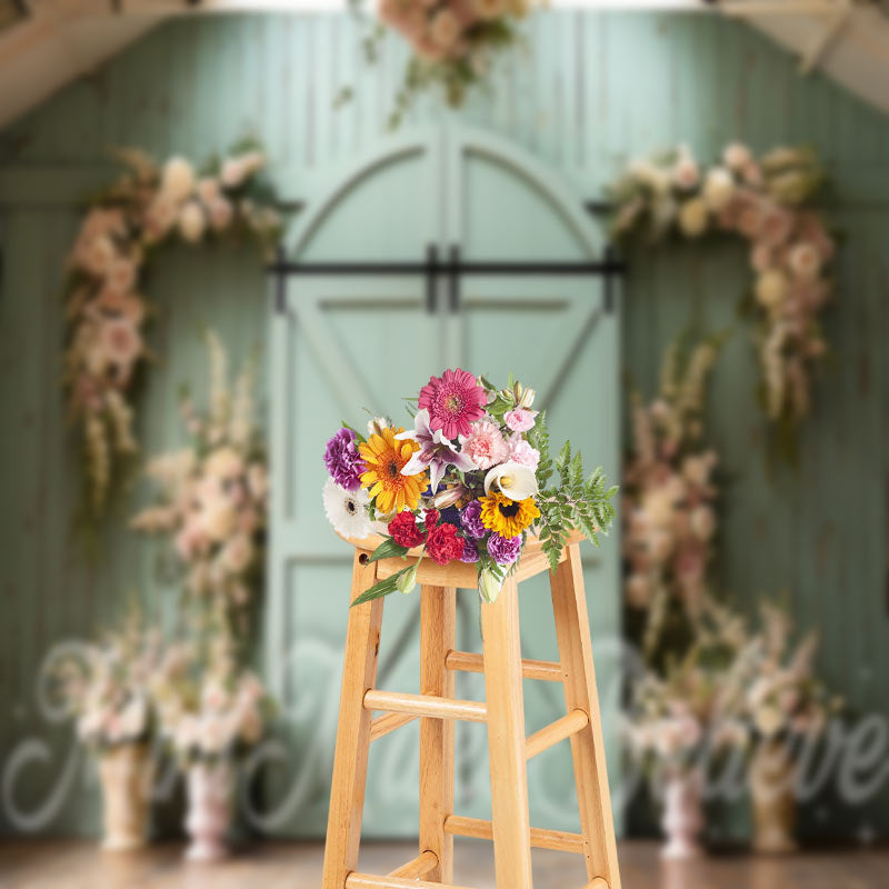 Lofaris Green Barn Door Flower Decoration Photo Backdrop