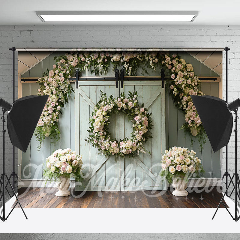 Lofaris Green Barn Door Wreath Decoration Photo Backdrop