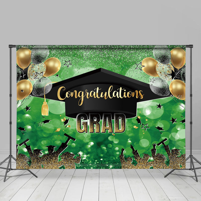 Lofaris Green Black Gold Balloon Cap Congrats Grad Backdrop