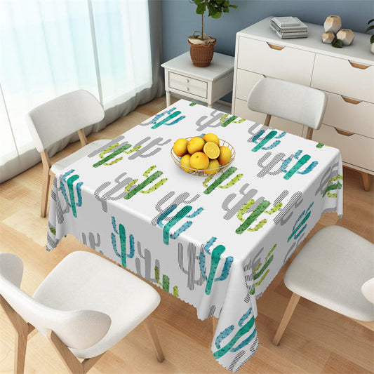 Lofaris Green Blue Cactus Patterns White Square Tablecloth