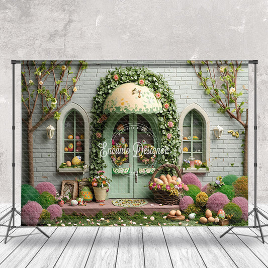 Lofaris Green Brick Wall Door Egg Easter Photo Backdrop