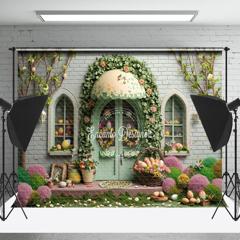Lofaris Green Brick Wall Door Egg Easter Photo Backdrop