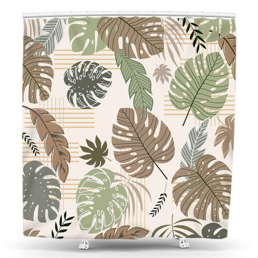 Lofaris Green Brown Monstera Beige Shower Curtain For Bathtub