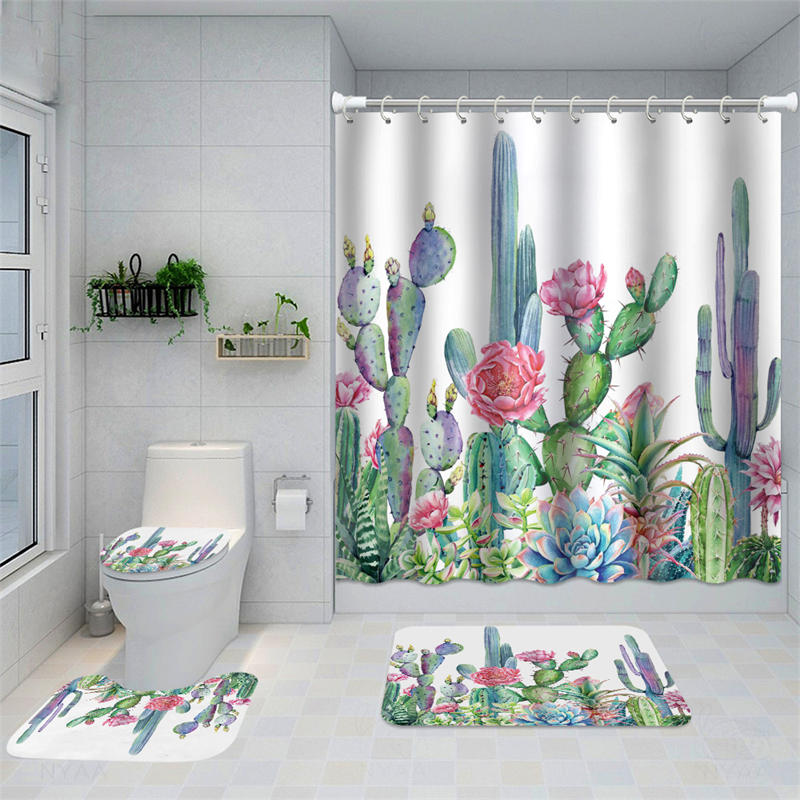 Lofaris Green Cactus And Pink Flower White Shower Curtain