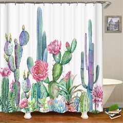 Lofaris Green Cactus And Pink Flower White Shower Curtain
