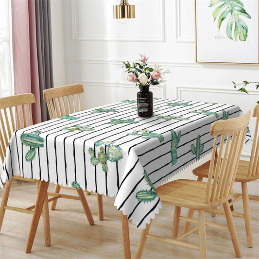 Lofaris Green Cactus Black Vertical Stripes White Tablecloth