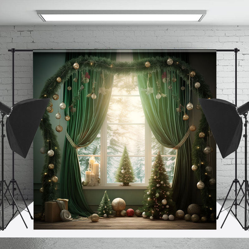 Lofaris Green Curtain Christmas Winter Window Photo Backdrop