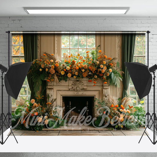 Lofaris Green Curtain Fireplace Vintage Cake Smash Backdrop